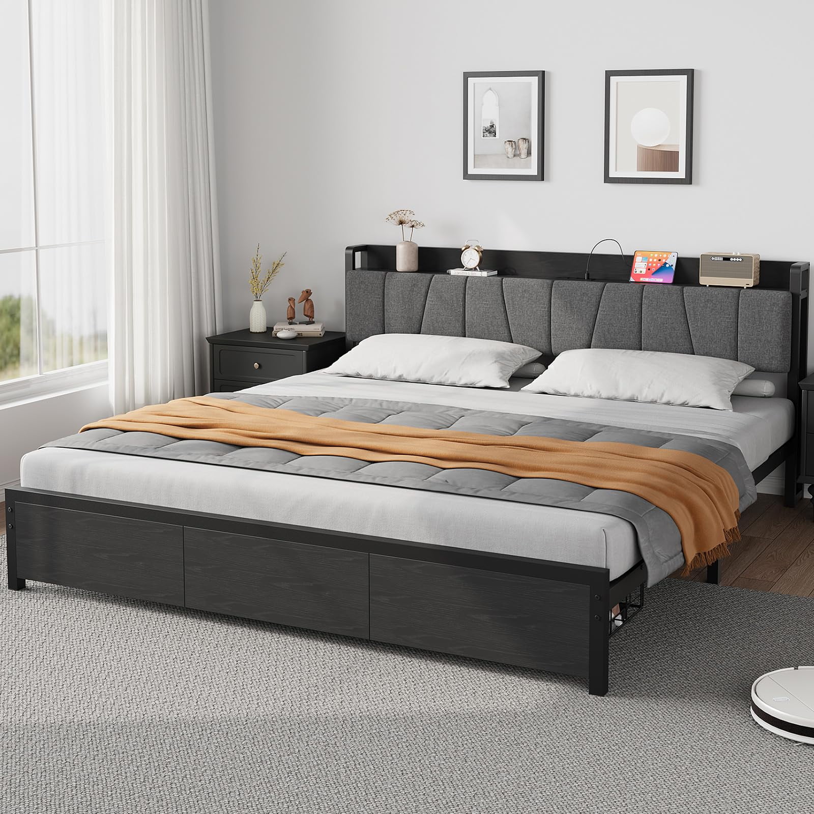 Queen Size Bed Frame with Storage Headboard, Black Queen Platform Bed with 2 Large Drawers and Charging Station, No Box Spring Needed Bedframe
