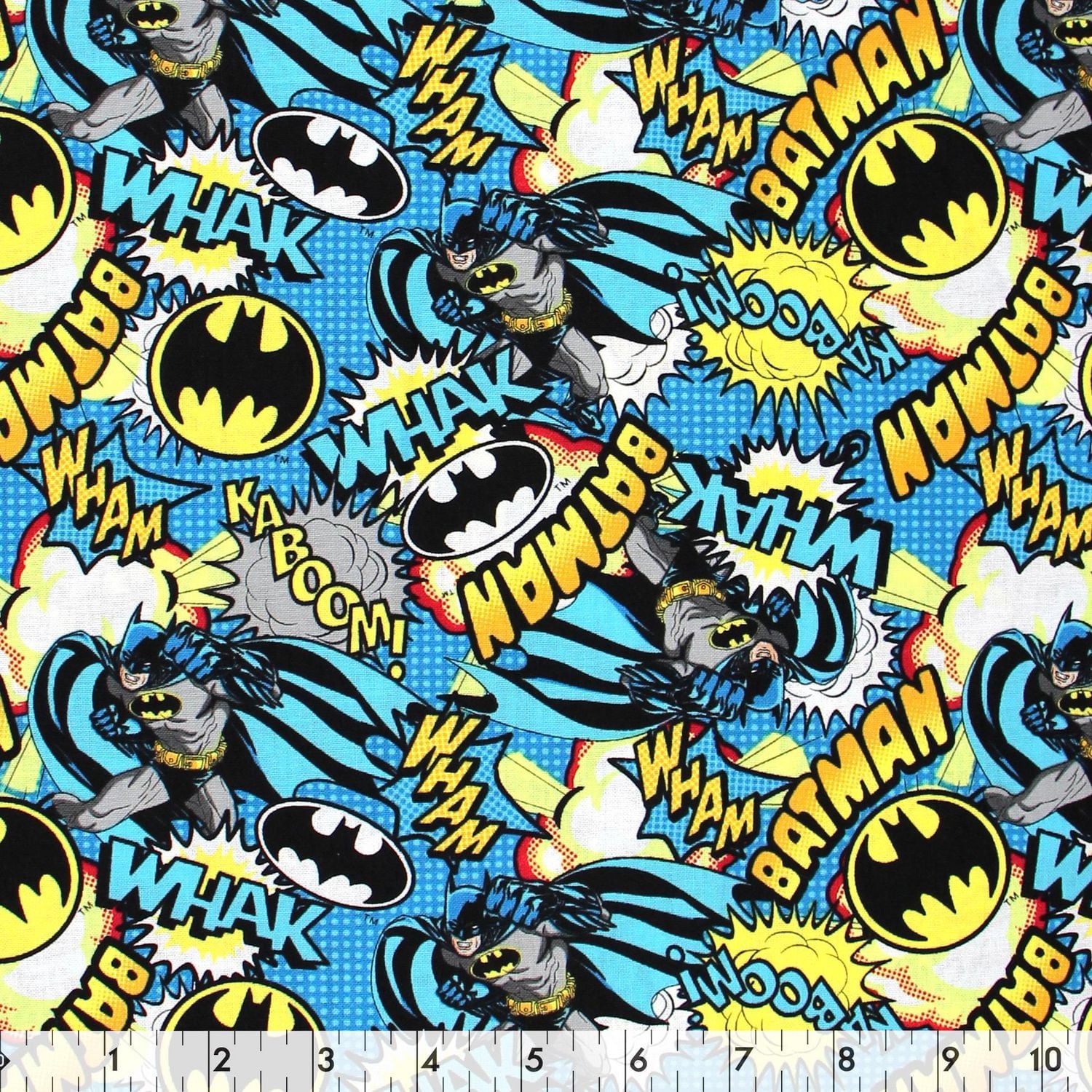 Tissu au mètre en coton Fabric Creations à motif de pois bleu avec Batman en action