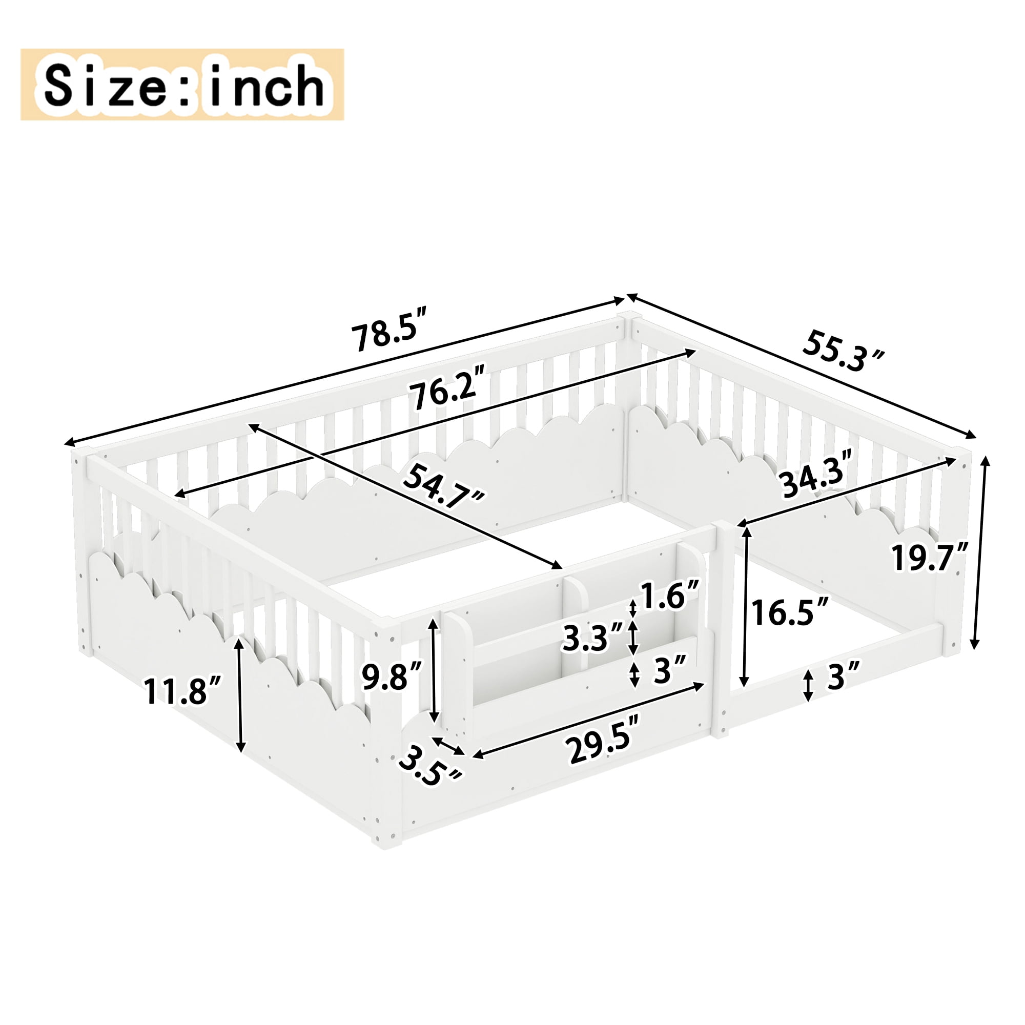 Mintazer Full Montessori Floor Bed with Bookshelf & Heightened Fence, Kids Wood Floor Bed for Boys and Girls, White