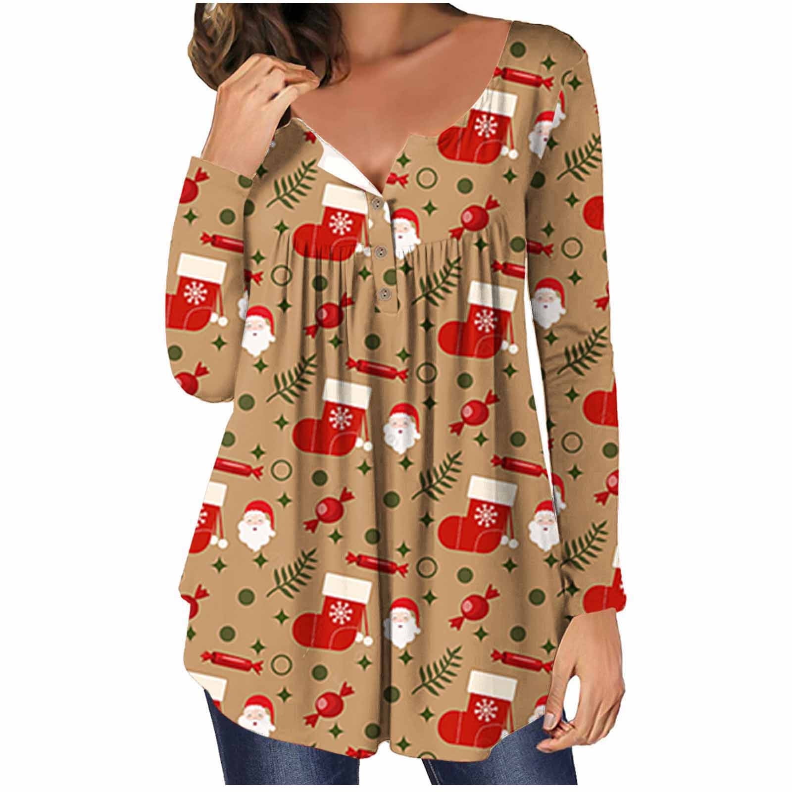 Yyeselk Women's Pleated Funny Christmas Pattern Long Sleeve Henley Shirts Buttons Bluse Tops - Walmart.com