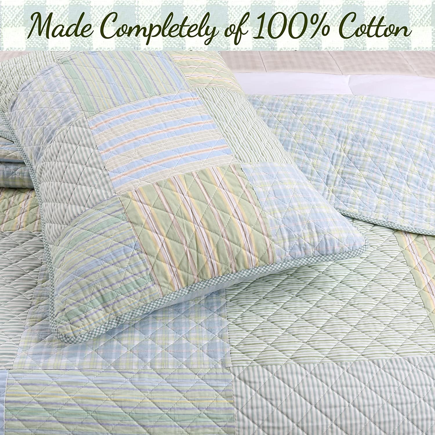 Cozy Line Home Fashions Cozy Line Square Patchwork Plaid Stripes Blue Green Cotton 3-Piece Reversible Quilt Bedding Set King