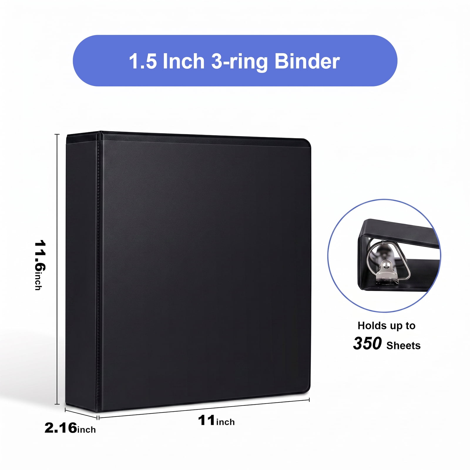 Comix 1-1/2 inch 3 Ring Binder with Clear Cover, 1.5 inch Strong D Ring, Fits Letter Size, Holds 350 Sheets, School Office Supplies, 6-Pack Black
