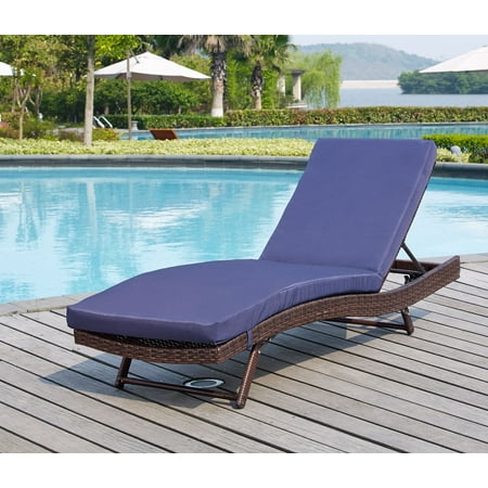 South Beach Brown Wicker Rattan Sun Lounger, Navy Cushions
