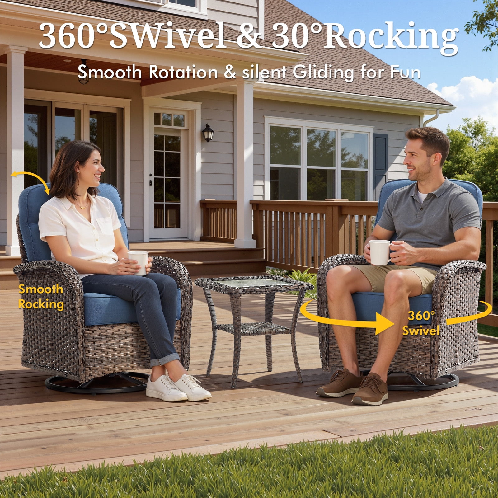 Bellefurn Outdoor Swivel Rocker Patio Chairs,Patio Swivel Chairs Set of 2,Swivel Glider Lounge Chairs with Side Table Patio Furniture Set for Outdoor,Balcony,Front Porch,Firepit Area