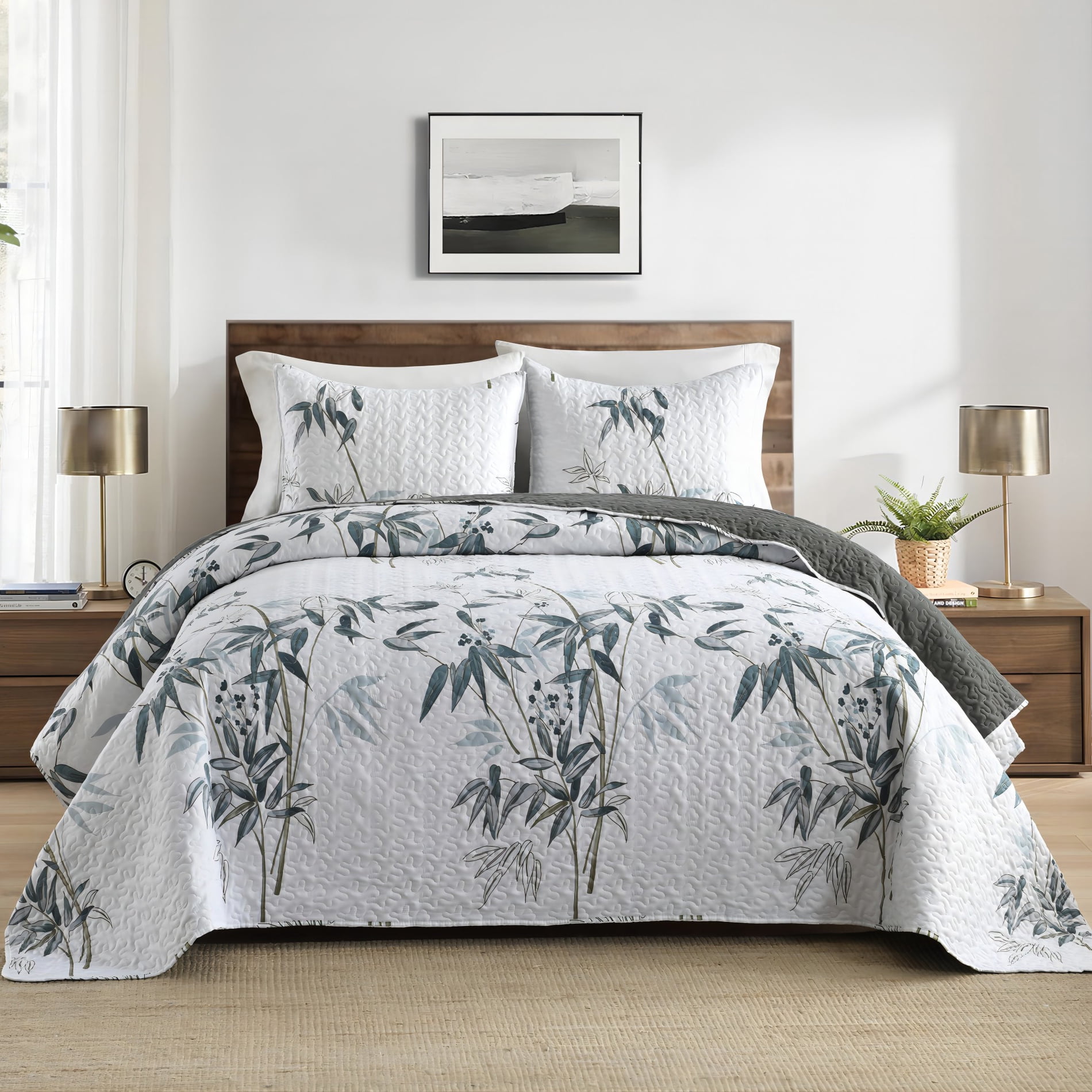 DIIG 3-Piece Queen Size Quilt Set - Lightweight Summer Bedspread with Pillow Shams, Soft & Warm, Machine Washable, Watercolor Bamboo Leaf Print, All-Season Bedding