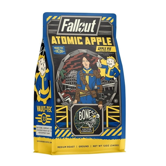 Bones Coffee Company Atomic Apple Flavored Ground Coffee Beans Apple Pie Flavor| 12 oz Dark Roast Arabica Low Acid Coffee | Gourmet Coffee Gifts & Beverages Inspired From Fallout Series (Ground)
