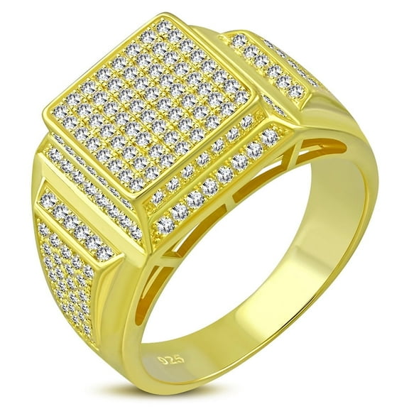 925 Sterling Silver Men's Gold-Tone Micro Pave White Cz Stone Pyramid-Style Signet Ring Size 9