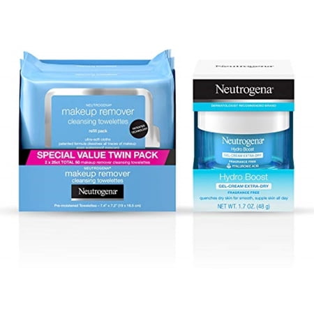 Neutrogena Makeup Wipes + Hydroboost Bundle Makeup Remover Cleansing Towelettes  25 Count  Pack of 2 & Hydro Boost Gel-Cream 1.7 oz