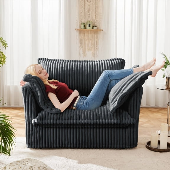 Modern Corduroy Armchair with 1 Big Back Cushion and 2 Toss Pillows, Grey, 85×80×75cm