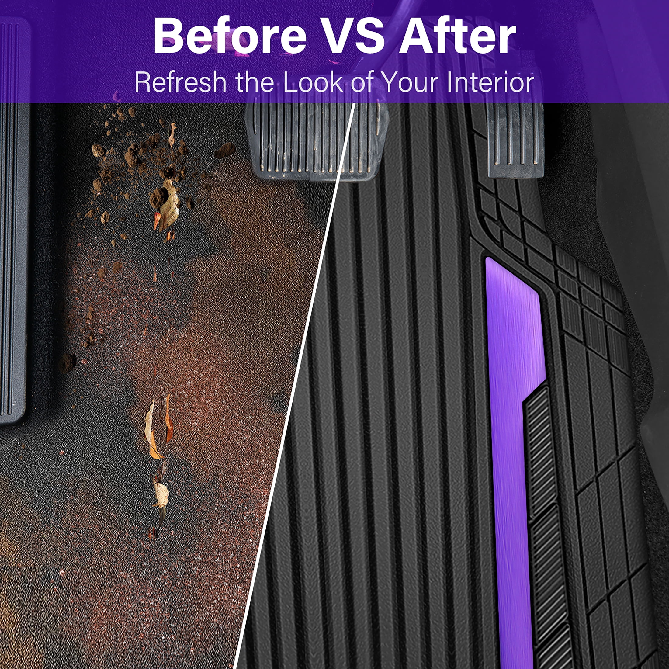 Auto Drive 4-Piece Black & Purple Heavy Duty Rubber Car Floor Mats, All Weather Universal Trim-to Fit for Car, SUV and Truck Mats