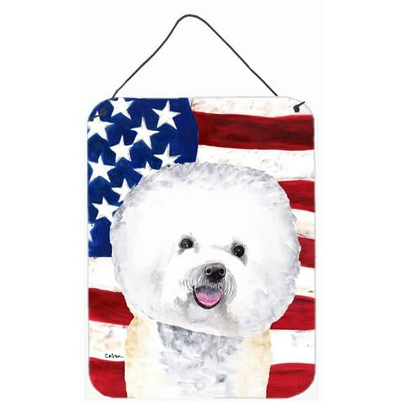 12 x 16 in. Usa American Flag With Bichon Frise Aluminium Metal Wall Or Door Hanging Prints