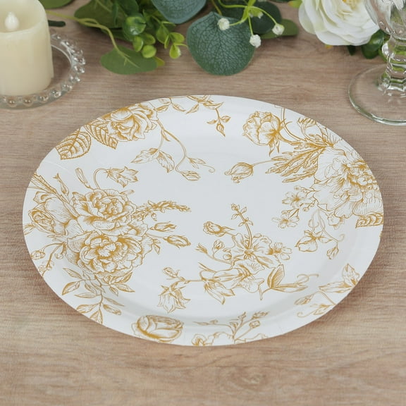 Efavormart 25 Pack French Toile Disposable Dinner Plates, White Gold Round Paper Party Plates - 9"