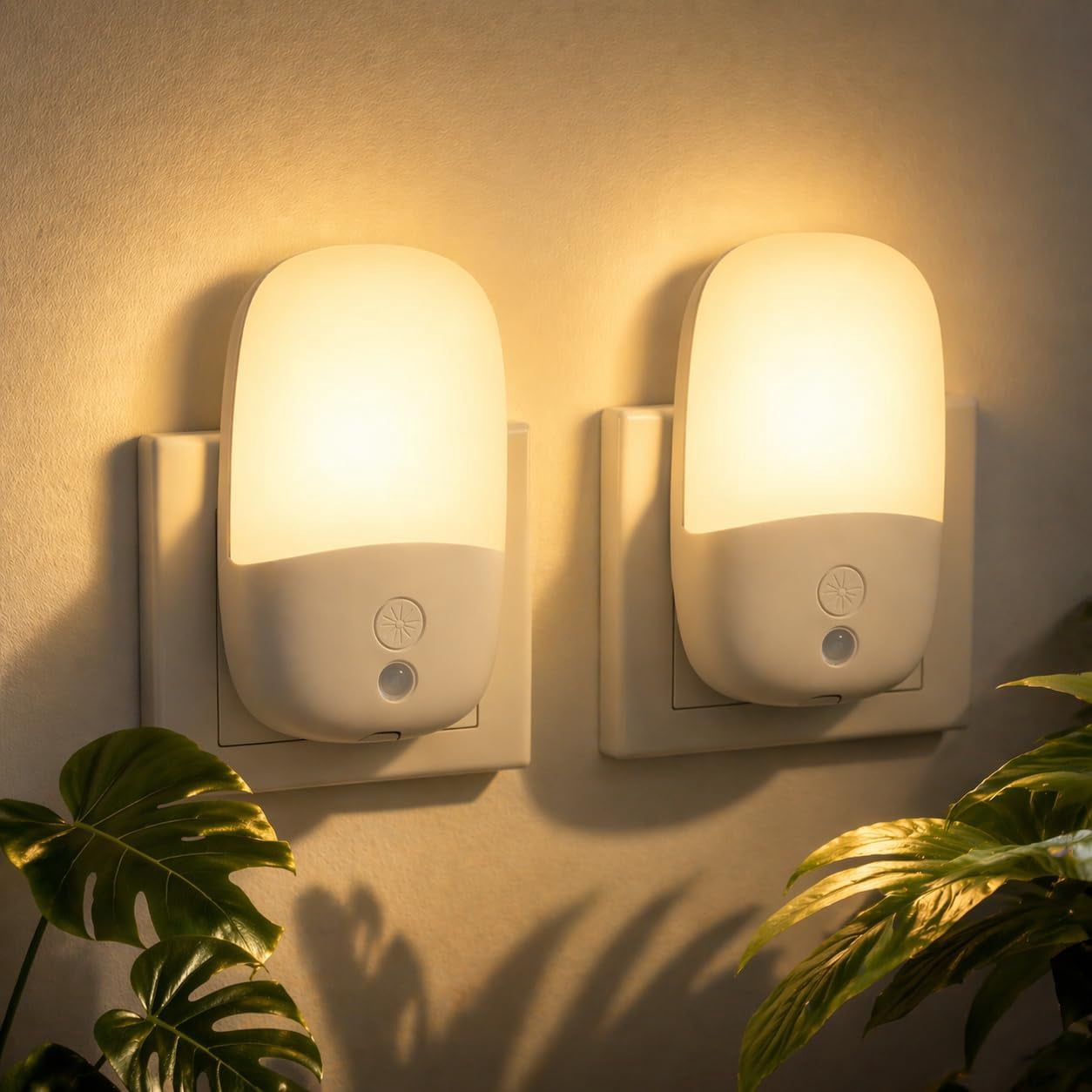 RGHJAR-Night Lights Plug into Wall, 2 Pack Dimmable Night Light with Dusk to Dawn Light Sensors, Warm White LED Nightlights for Bathroom Bedroom Kitchen Hallway Stairs