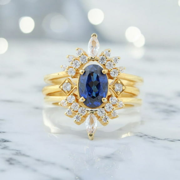 Vintage Sapphire Ring Set Oval Cut Blue Sapphire Engagement Ring Set Yellow Gold Moissanite Ring Enhancer Promise Ring Set Sapphire Bridal Set