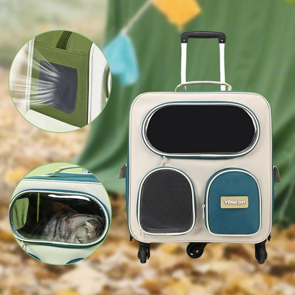 Mochila transportadora para gatos con carrito y ruedas, material de nailon, de malla lateral ergonómica, plegable, impermeable, manos libres. Verde Azul