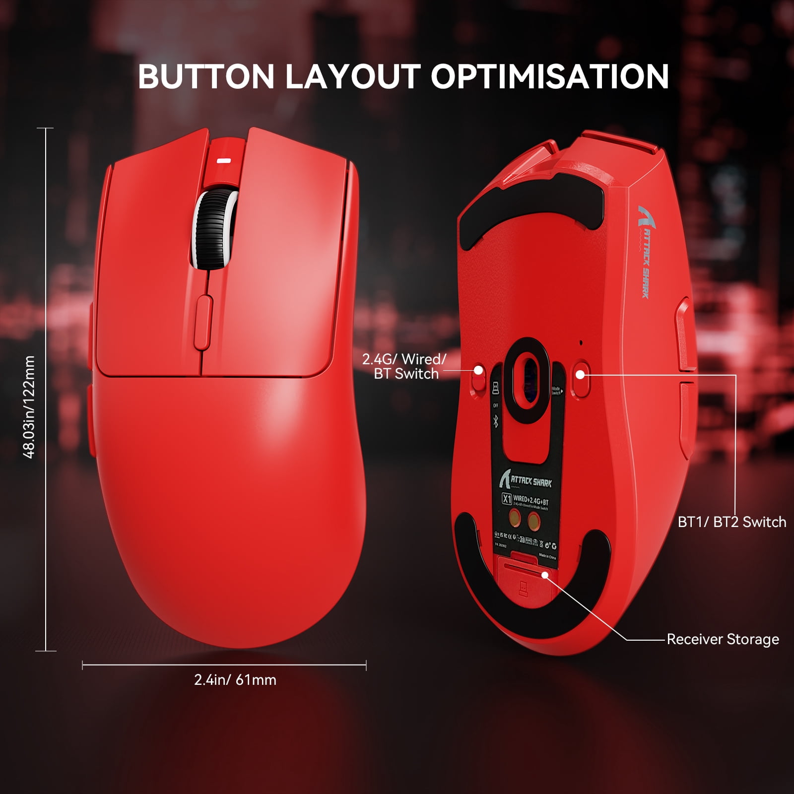 ATTACK SHARK X1 Gaming Mouse with Magnetic Charging Dock, PixArt PAW3395PRO Gaming Sensor, 40000DPI, BT/2.4G Wireless/Wired, 49g SUPERLIGHT Mouse, 100M Optical Microswitches for PC/Xbox/PS/Mac -Red
