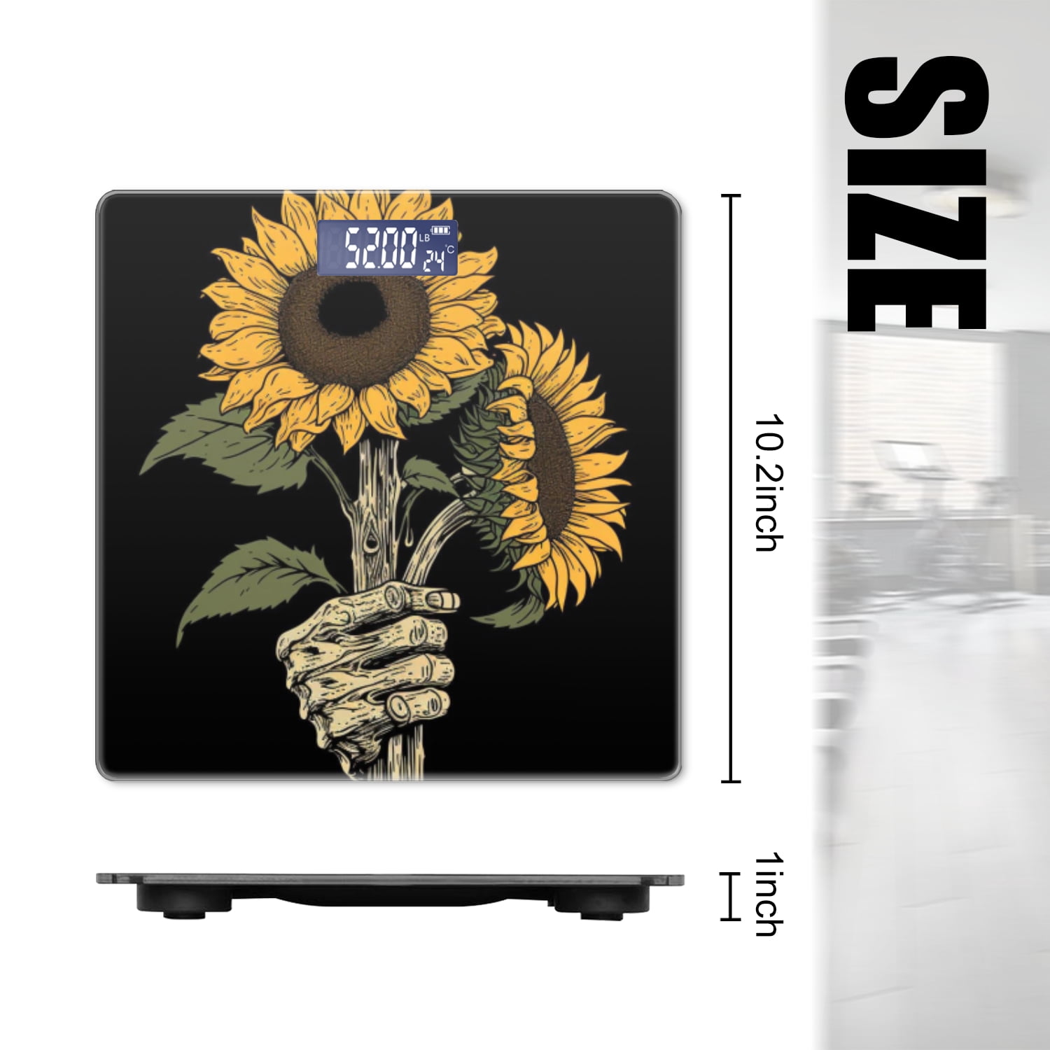 Bathroom Scale, Highly Accurate Digital Body Scale,Precisely Measures Weight up to 400 lbs-Skeleton Hand Holding Sunflowers