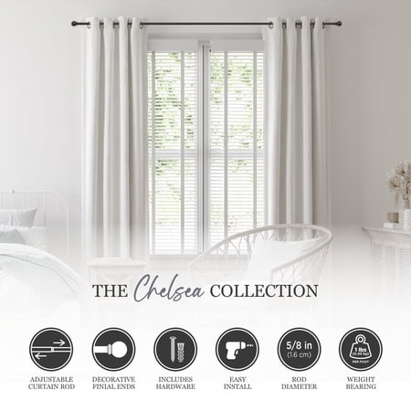 Kenney Chelsea 5/8 Matte Black Single Curtain Rod, 28-48, Black