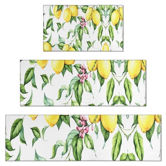 Yellow Lemon Fruit Leaves White Pattern Kitchen Rugs Sets Of 3,Kitchen Runner Rugs Non Skid Washable,Decorative Kitchen Floor Mats for Kitchen,Sink,Laundry,17"x30" 17"x47" 17"x59"