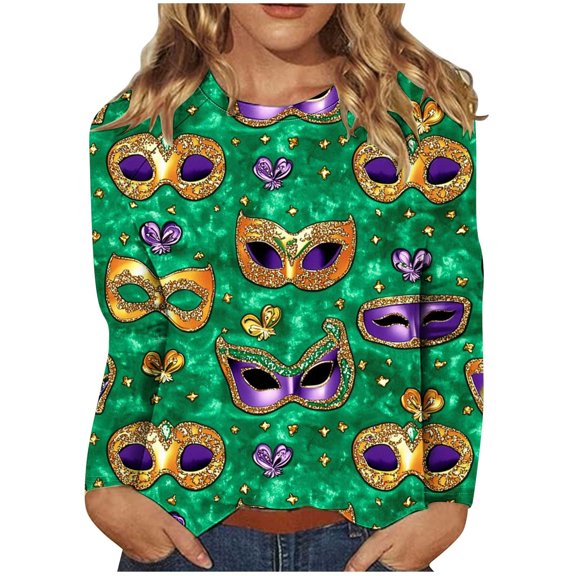 Lopecy-Sta Sweatshirts for Women Trendy Casual Carnival Print Round Neck Pullover Loose Long Sleeve Raglan Sleeve Plus Size Top