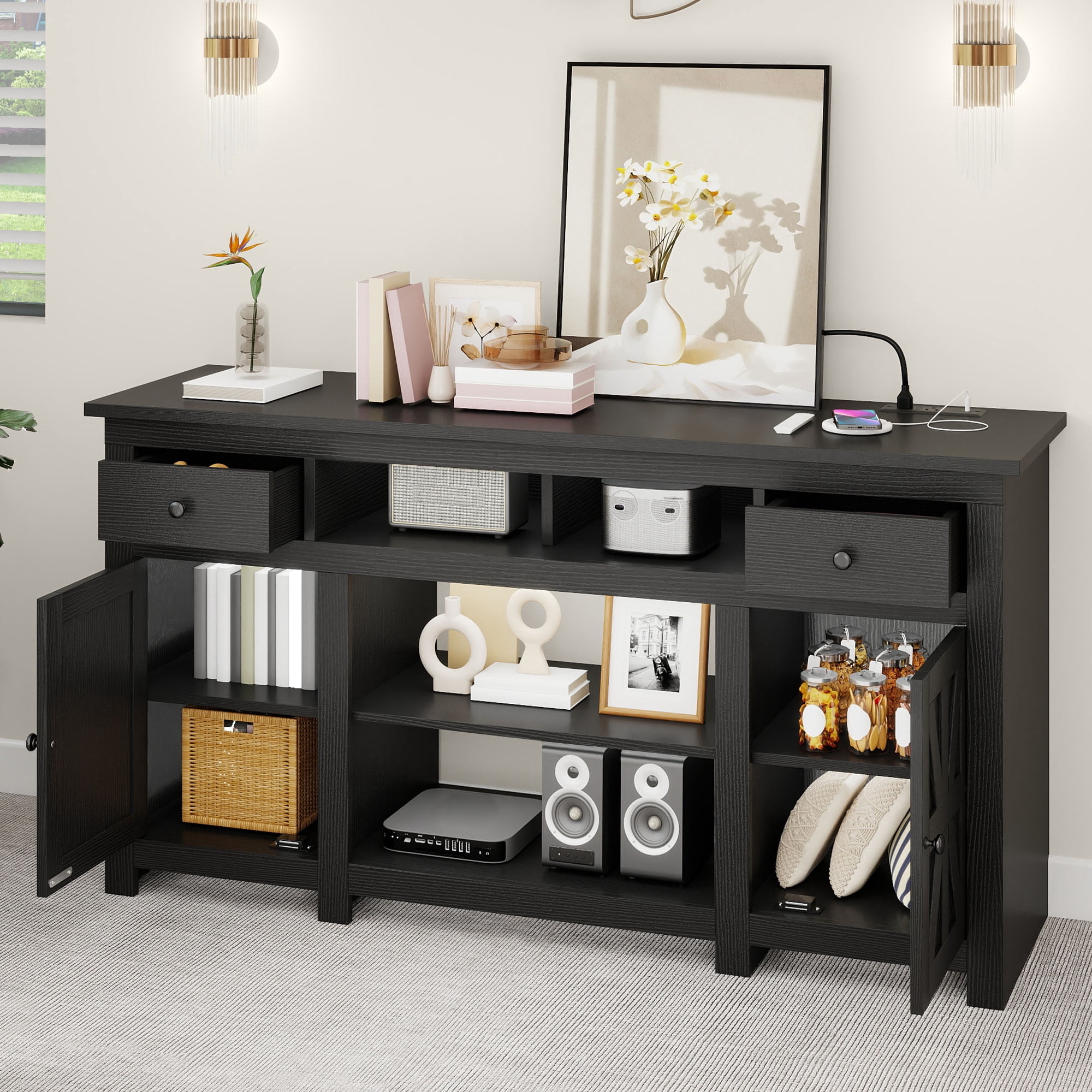Uforic 59" Farmhouse TV Stand with Storage for Living Room, Entertainment Center for up to 65" TV, Black