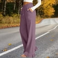 thumbnail image 7 of Cotton Linen Pants for Women High Waist Drawstring Ruffle Hem Wide Leg Pants Casual Vacation Trousers with Pockets, 7 of 7