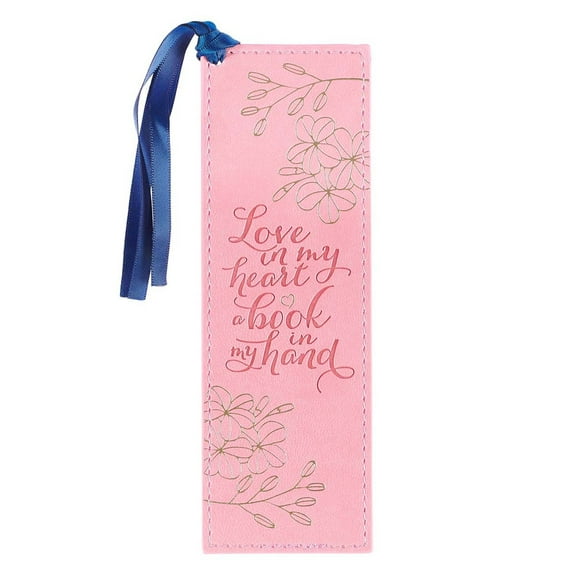 With Love Pink Faux Leather Bookmark for Women, Love & Books Floral Debossed Design w/Gold Accents/Blue Ribbon Tassel, Inspirational Encouraging Book Accessory for Booklovers