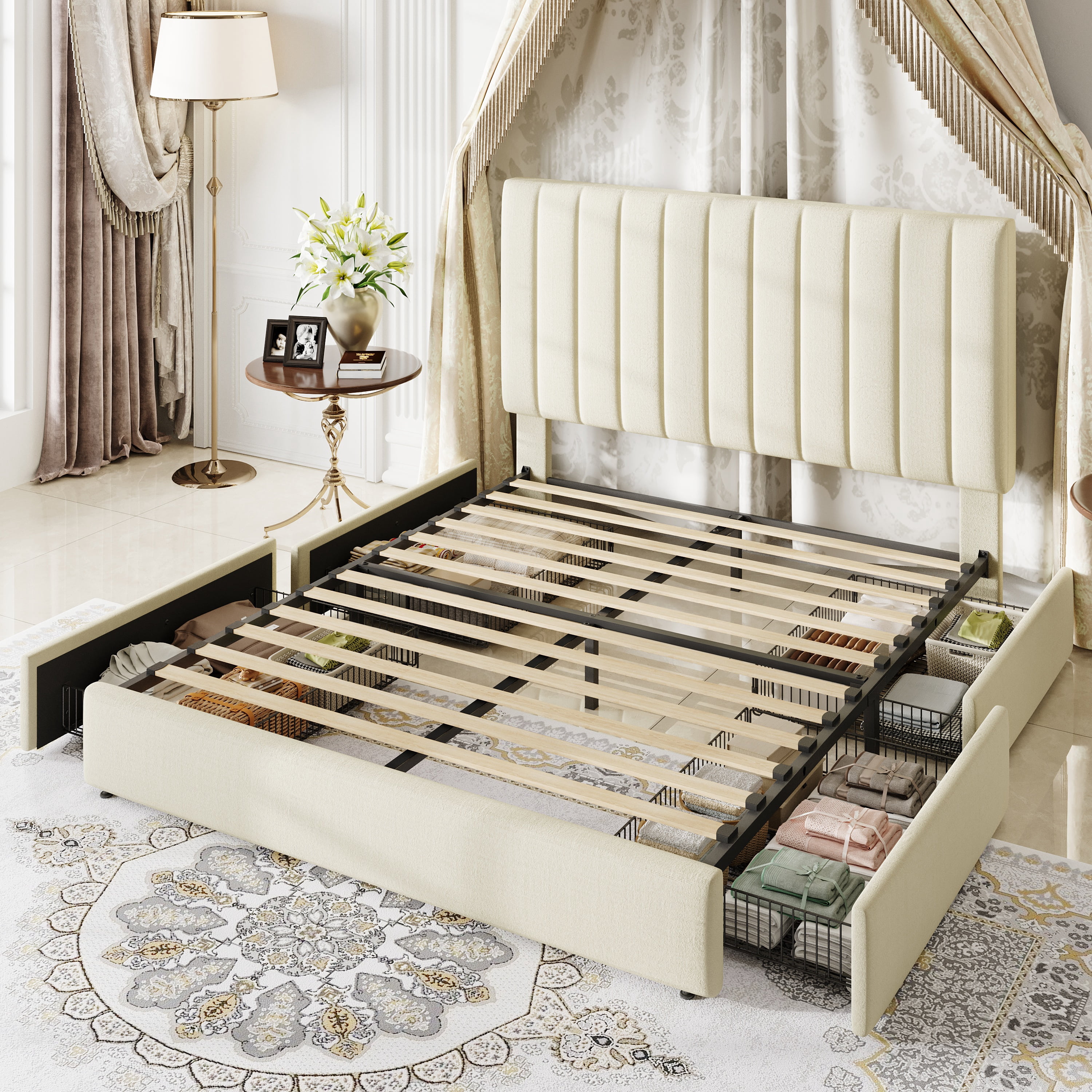 Amolife Full Size Bed Frame, Platform Bed with Adjustable Velvet-Wrapped Headboard and 4 Storage Drawers, No Box Spring Required, Cream White