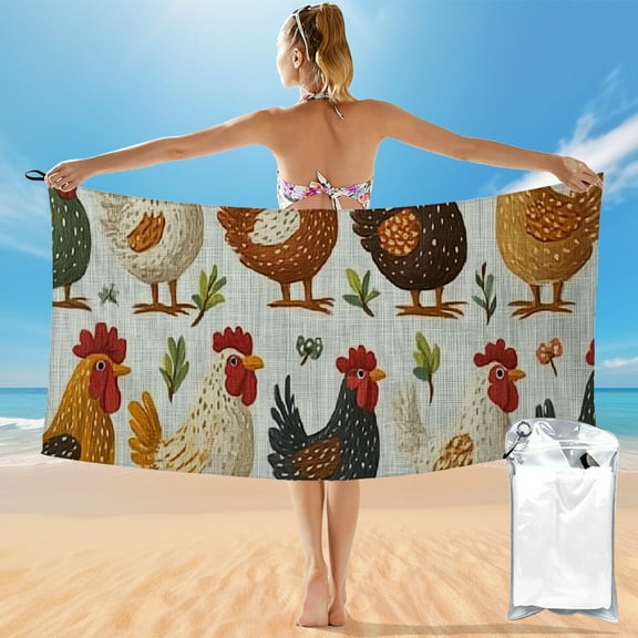 BCIIG Quick Dry Bath Towel with Folk Art Chickens and Roosters, Lightweight and Compact for Beach Vacations and Outdoor Recreation, 27.5x55in 55x27.5in