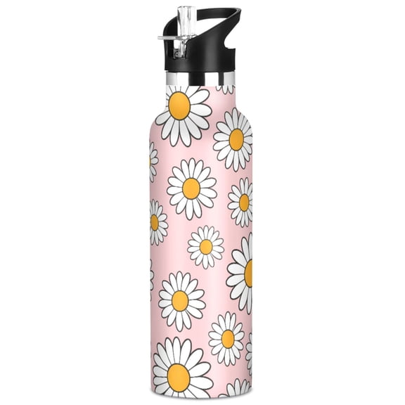 ALAZA Daisy Floral Pink Pattern Stainless Steel Water Bottle Vacuum Insulated Leak-Proof Tumbler with Straw Handle 20oz