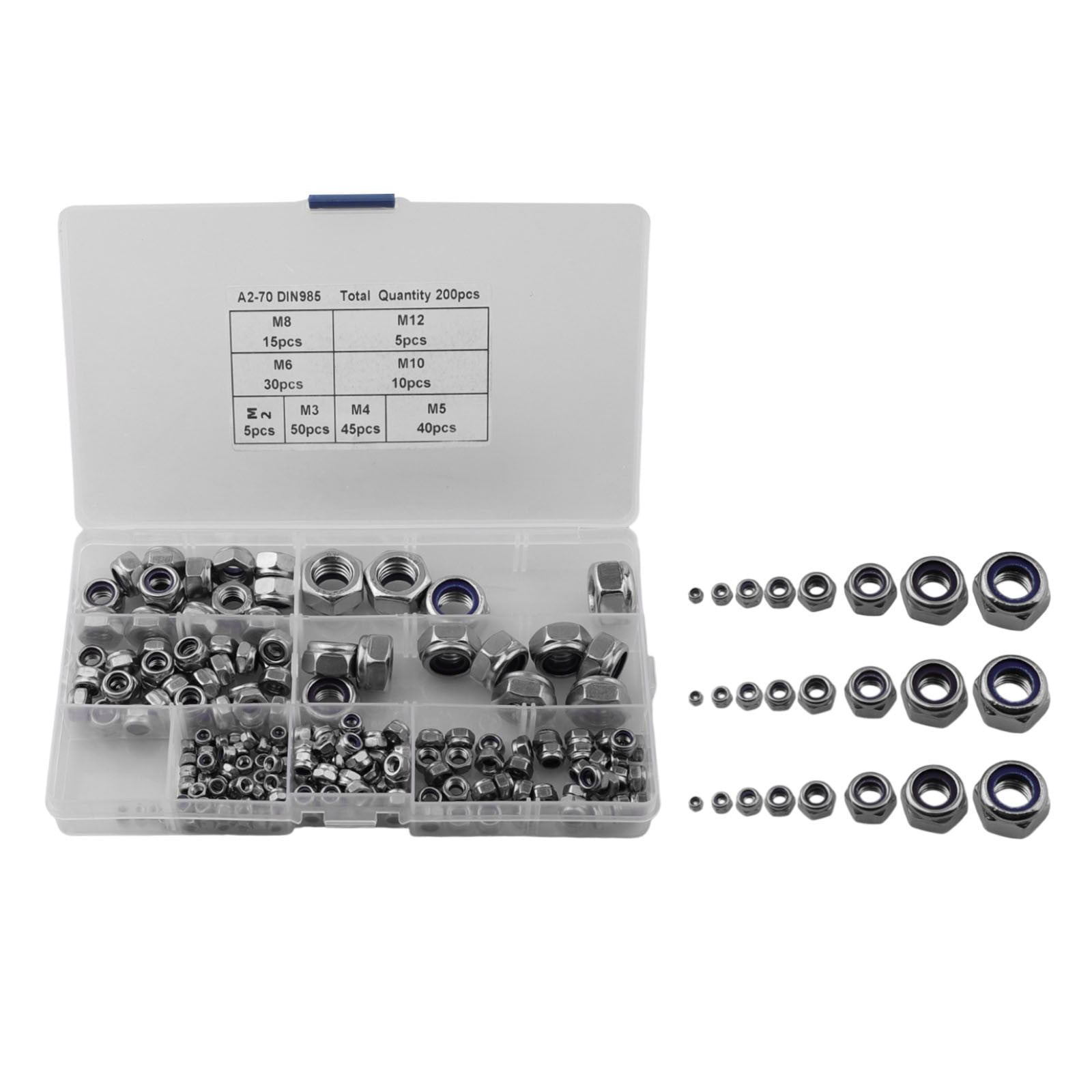 Beisidaer 200Pcs Stainless Steel Self-Locking Nuts Assortment Threaded Inserts Hex Nut Set