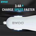 thumbnail image 2 of BWOO - Car Charger with 3 USB Ports, DC 12-24V, 5V 3.4A Output, Flame Retardant Shell, White, 2 of 6
