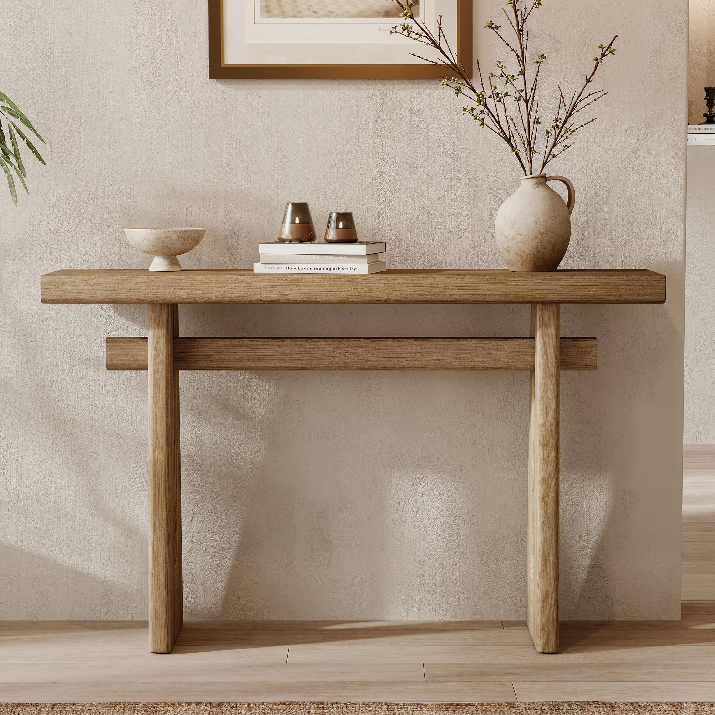 Euroco 47" Solid Wood Console Table, Modern Sofa Table Behind Couch, Narrow Entryway Table with Geometric Silhouette for Living Room,Brown