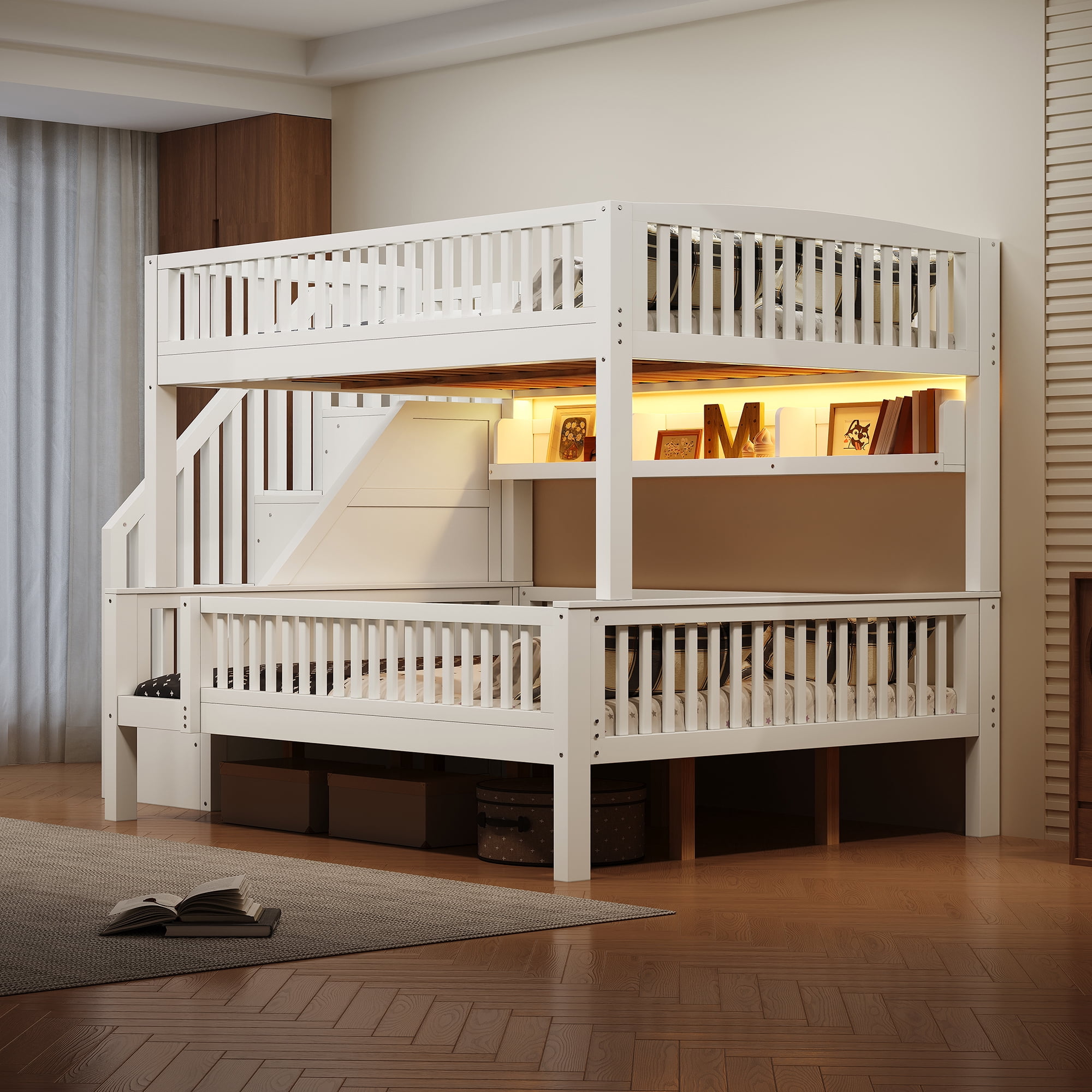 Euroco Wood Full XL over Queen Size Bunk Bed with Storage Staircase, LED Light Shelves and Guardrails, White