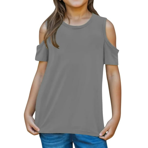 Utoimkio Little Girls Short Sleeve T Shirts Kids Off Shoulder Tees Solid Color Crewneck Tops