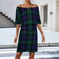 thumbnail image 2 of Modern Cute Blue And Green Plaid Women's Off The Shoulder Ruffles Summer Wedding Guest Loose Casual Party Beach Dress, 2 of 9