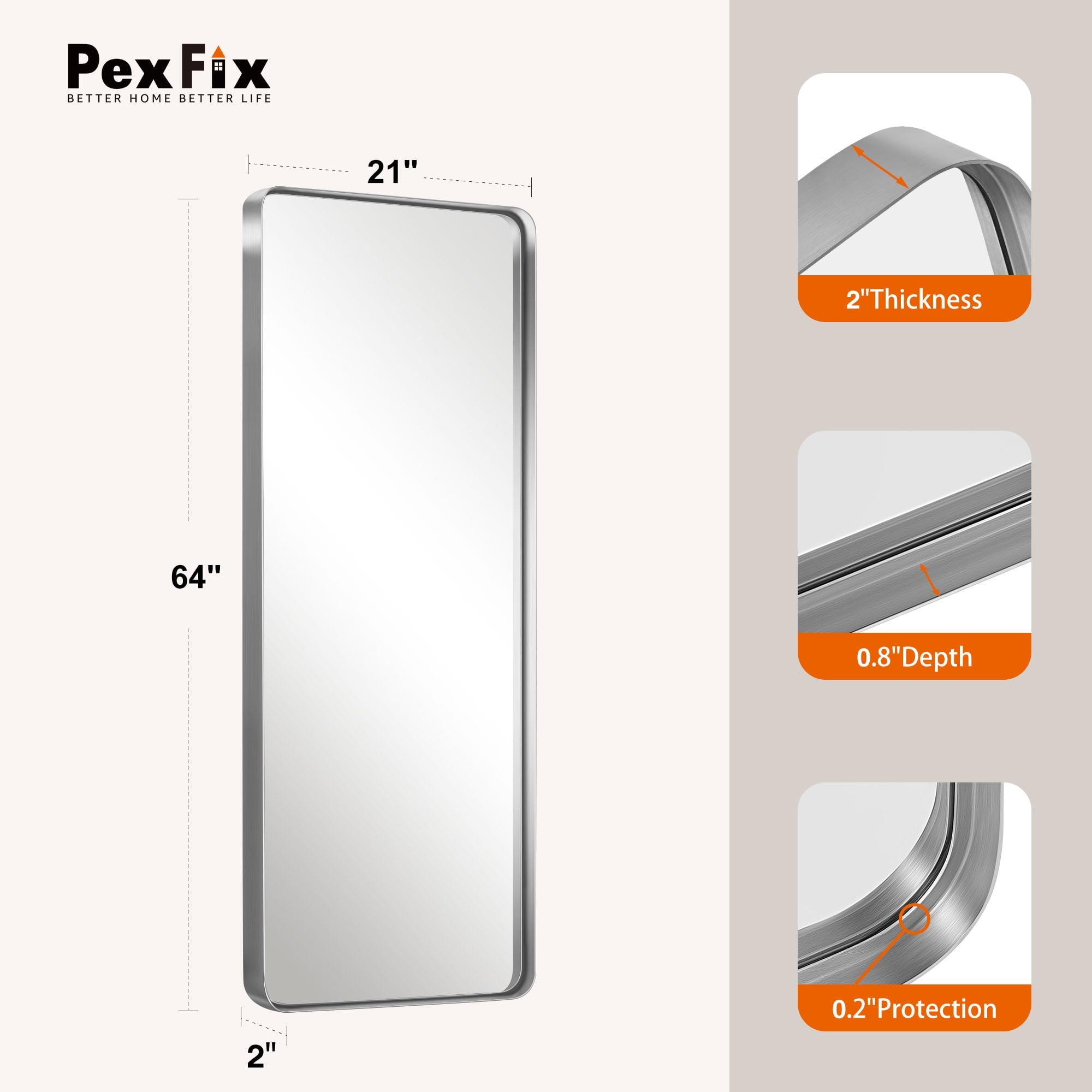 64"x21" Aluminum Alloy Wall Mount Rounded Corner Rectangular Mirror,Silver no stand