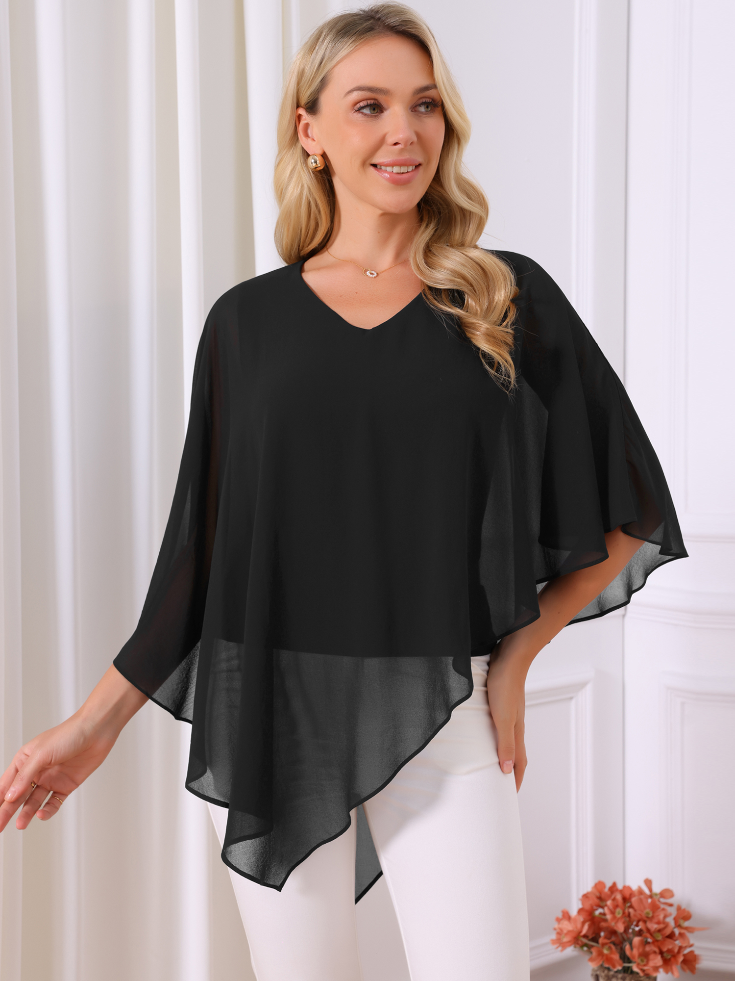 DARING DIVA Women's Flowy V Neck Chiffon Blouse Asymmetrical Top M Black