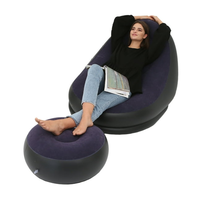 Foldable Inflatable Chair with Foot Stool, Blow Up Lounge Chair for Outdoor Camping Travel
