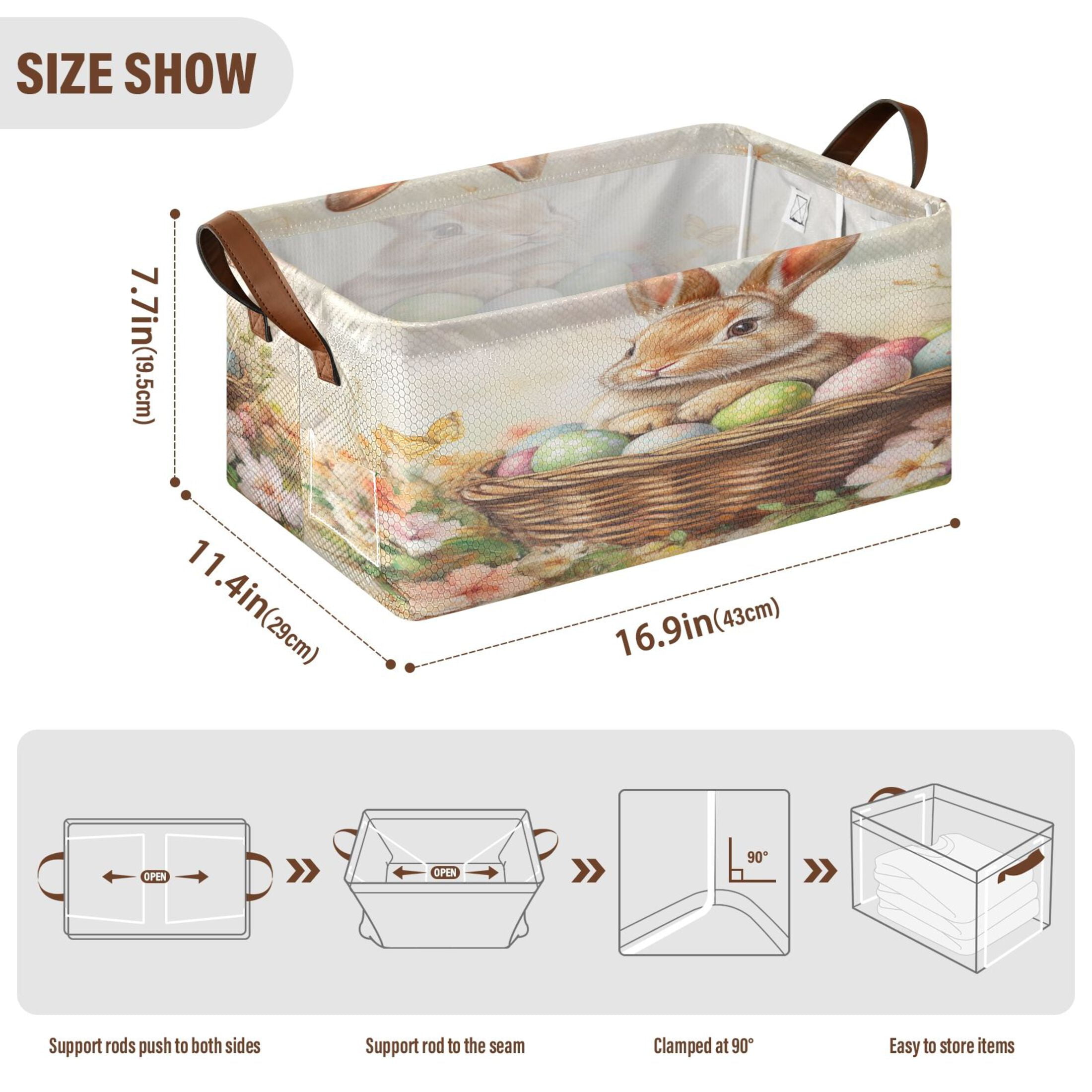 Wobogo Orange Easter Rabbit Storage Basket Soccer Plaid Fabric Oversized Collapsible Hoard Box with Metal Iron Frame 16.9×11.4×7.7in