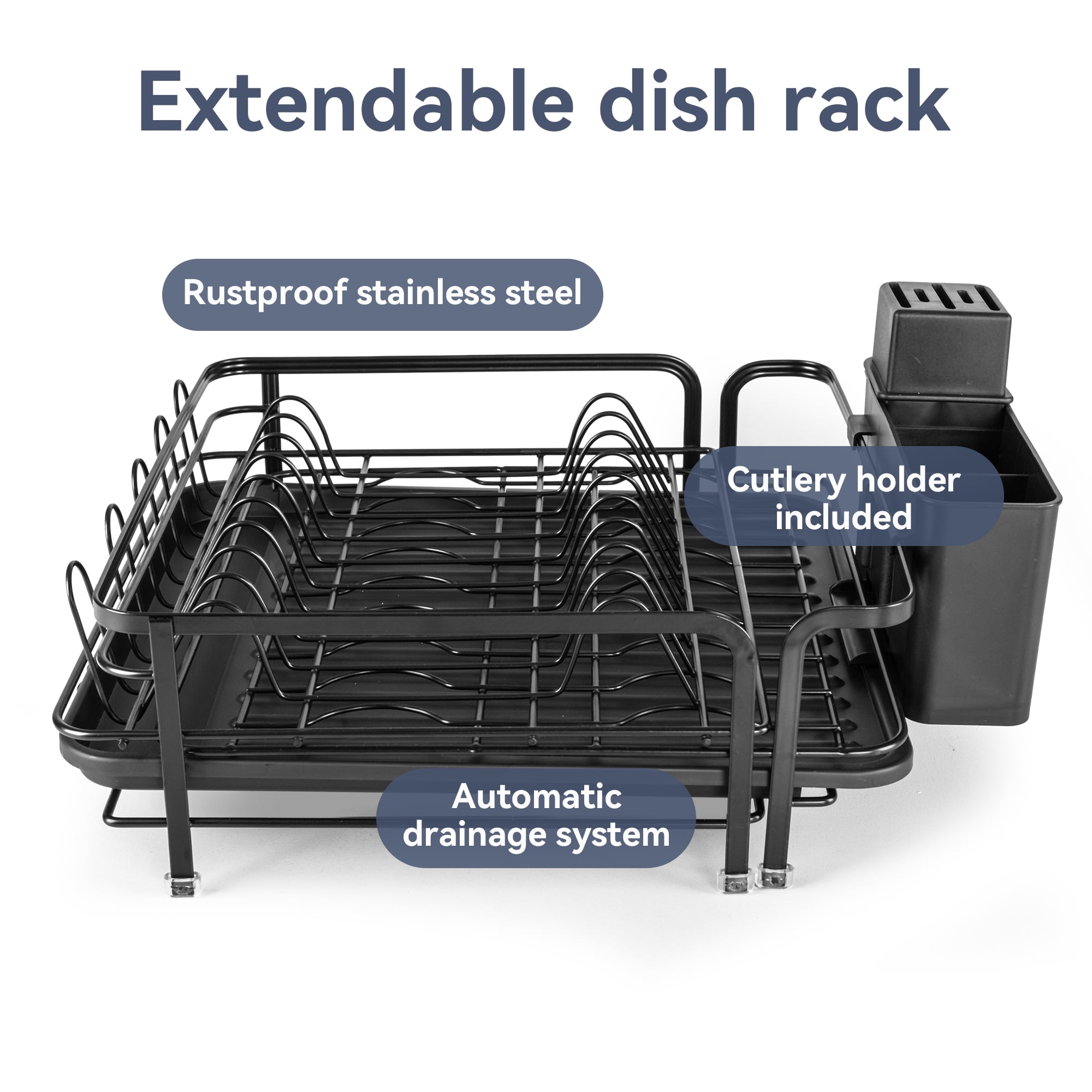 VUSIGN Extendable Dish Rack, Multifunctional Dish Rack for Kitchen Counter, Anti-Rust Drying Dish Rack with Cutlery & Cup Holders