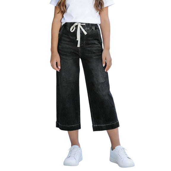 Girls Capri Jeans Elastic Waisted Wide Leg Trendy Cropped Denim Pants Strechy Lightweight Loose Drawstring Capris with Pockets 4-15 Years