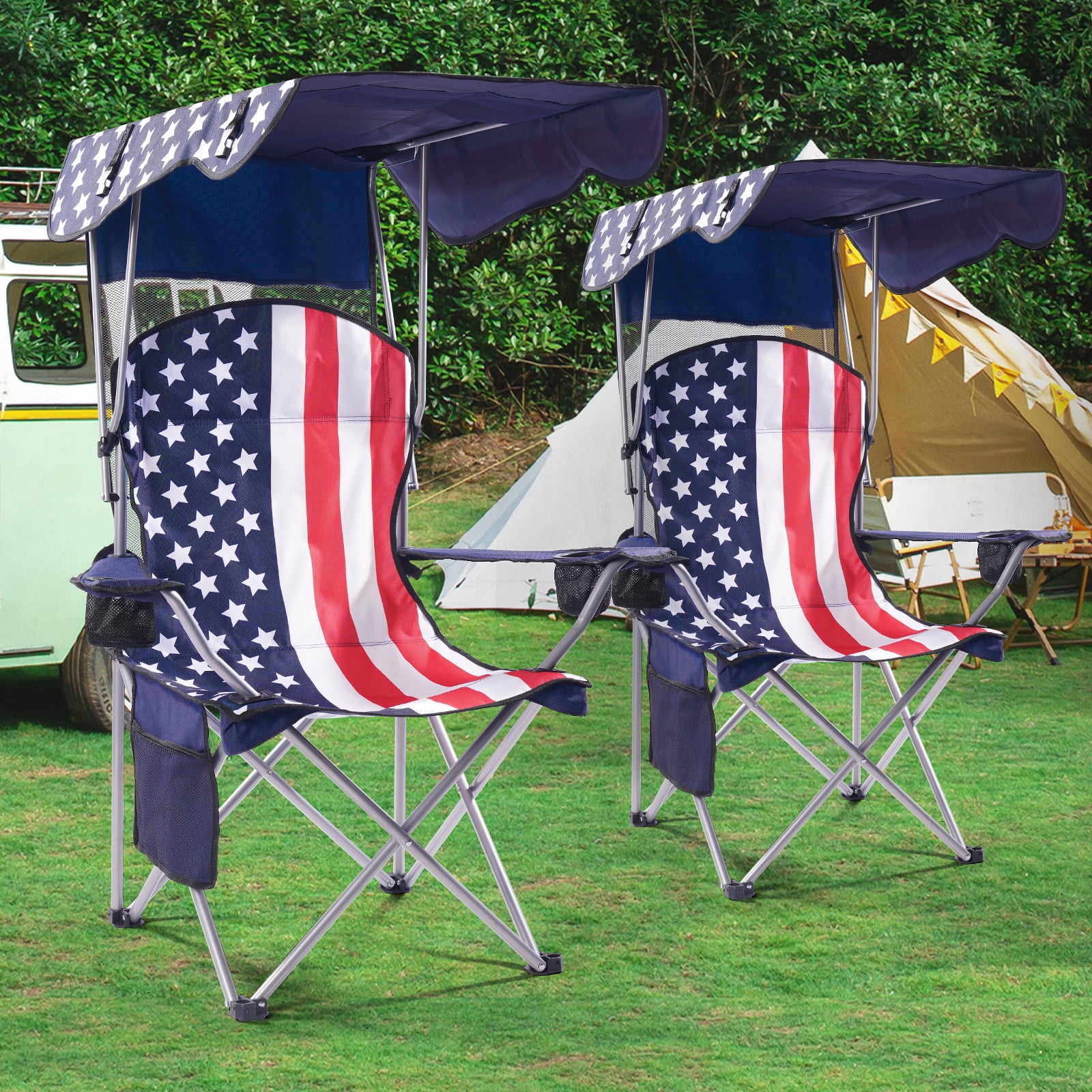 VTOY Folding Camping Chair with Canopy Portable Beach Chair with Shade for Outside Foldable Canopy Camping Chairs for Adults(Flag)