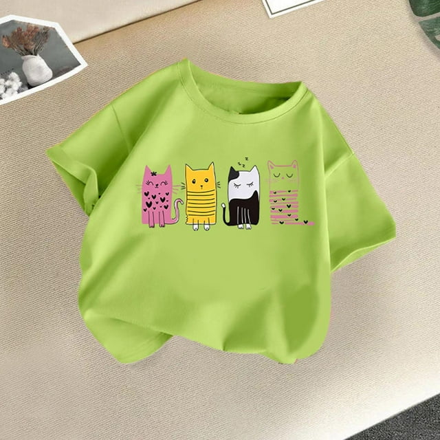 hengsof T-Shirt à Manches Courtes Imprimé pour Filles, Haut Décontracté à Col Rond avec Joli Motif, Chemise Mignonne en Coton Doux pour Tous les Jours Âges 2-14