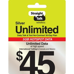 Straight Talk $45 Silver Unlimited 30-Day Prepaid Plan + 5GB Hotspot Data + Int'l Calling Direct Top Up