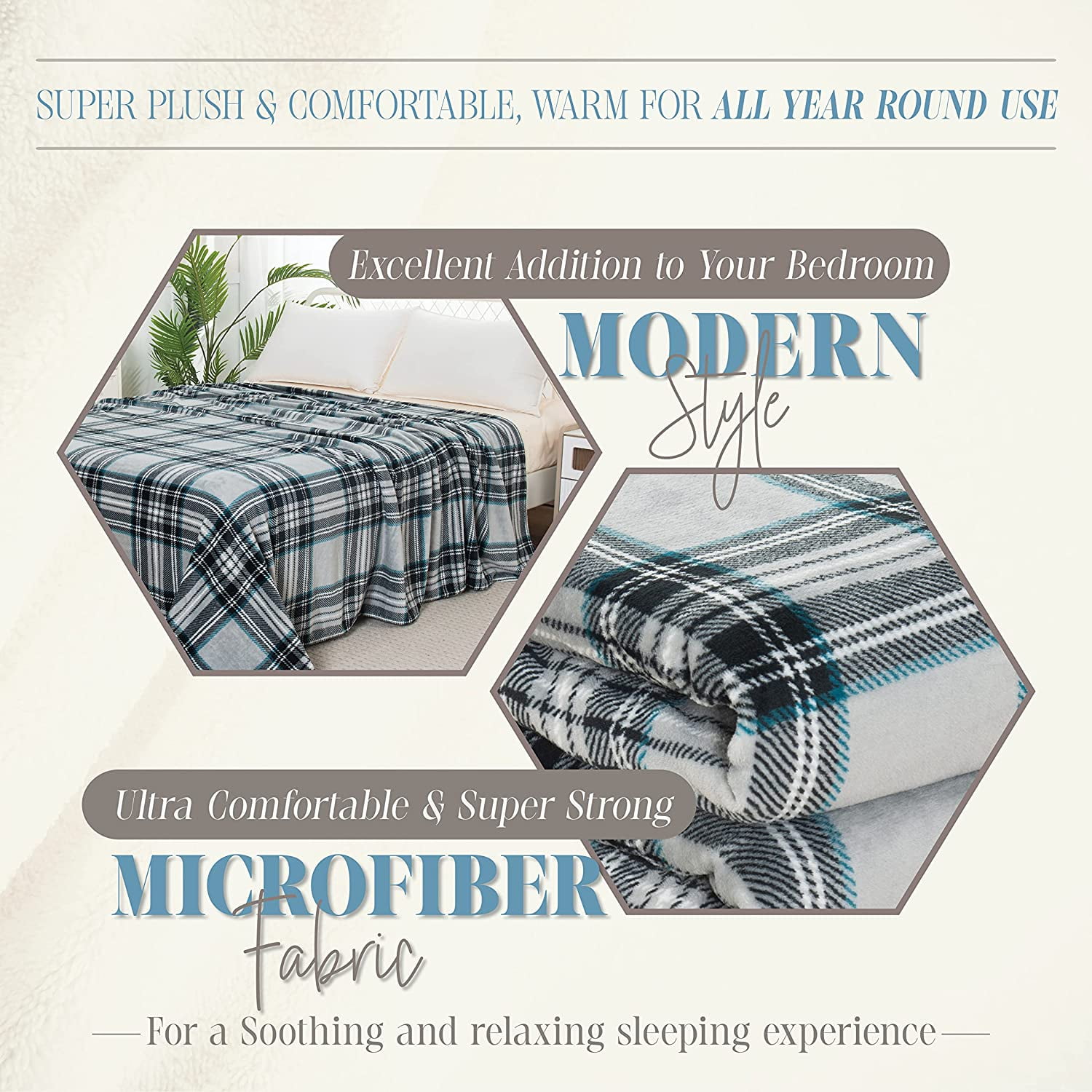 Luxury Velvety Feel Blanket, All-Season & Lightweight Material, Ultra Plush, Soft, Cozy Flannel Fleece for Couch, Sofa, Bed, Travel, Plaid King/California King, Silver Gray