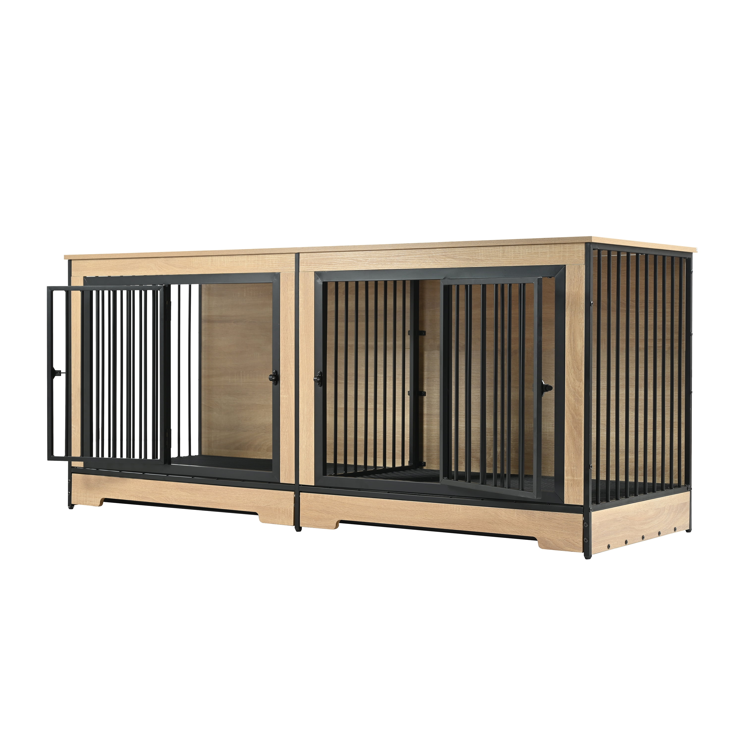 Dog Crate Furniture with Two Combined Room, XL Large Double Dog Cage Furniture with Tray for Medium Large Dogs, Wooden Dog Kennel Furniture