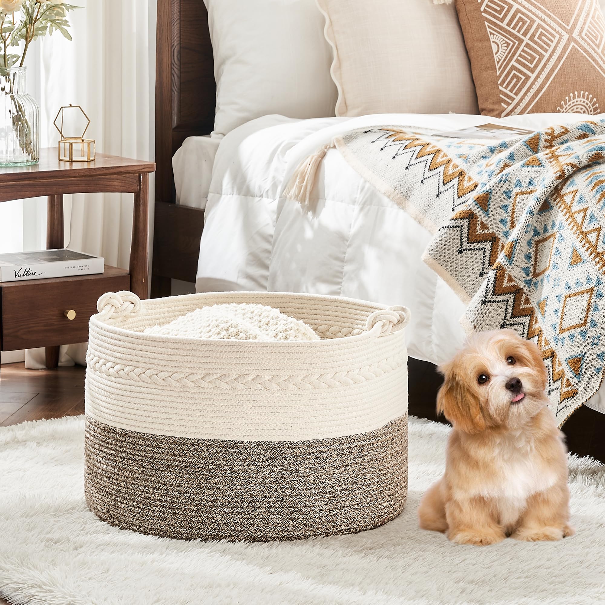 Large Blanket Basket (20"x13"),Woven Baskets for storage Baby Laundry Hamper, Cotton Rope Blanket Basket