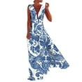 thumbnail image 2 of Women Casual Boho Print Zipper V Neck Sleeveless Long Dress Holiday Dress Floral Summer Dresses for Women Women's Summer Dresses Casual, 2 of 7