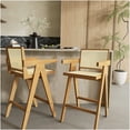 thumbnail image 2 of Set of 2 Natural Finish Bar Stools, Solid Wood Frame with Woven Cane Seat and Back, Modern Minimalist Style, 2 of 10